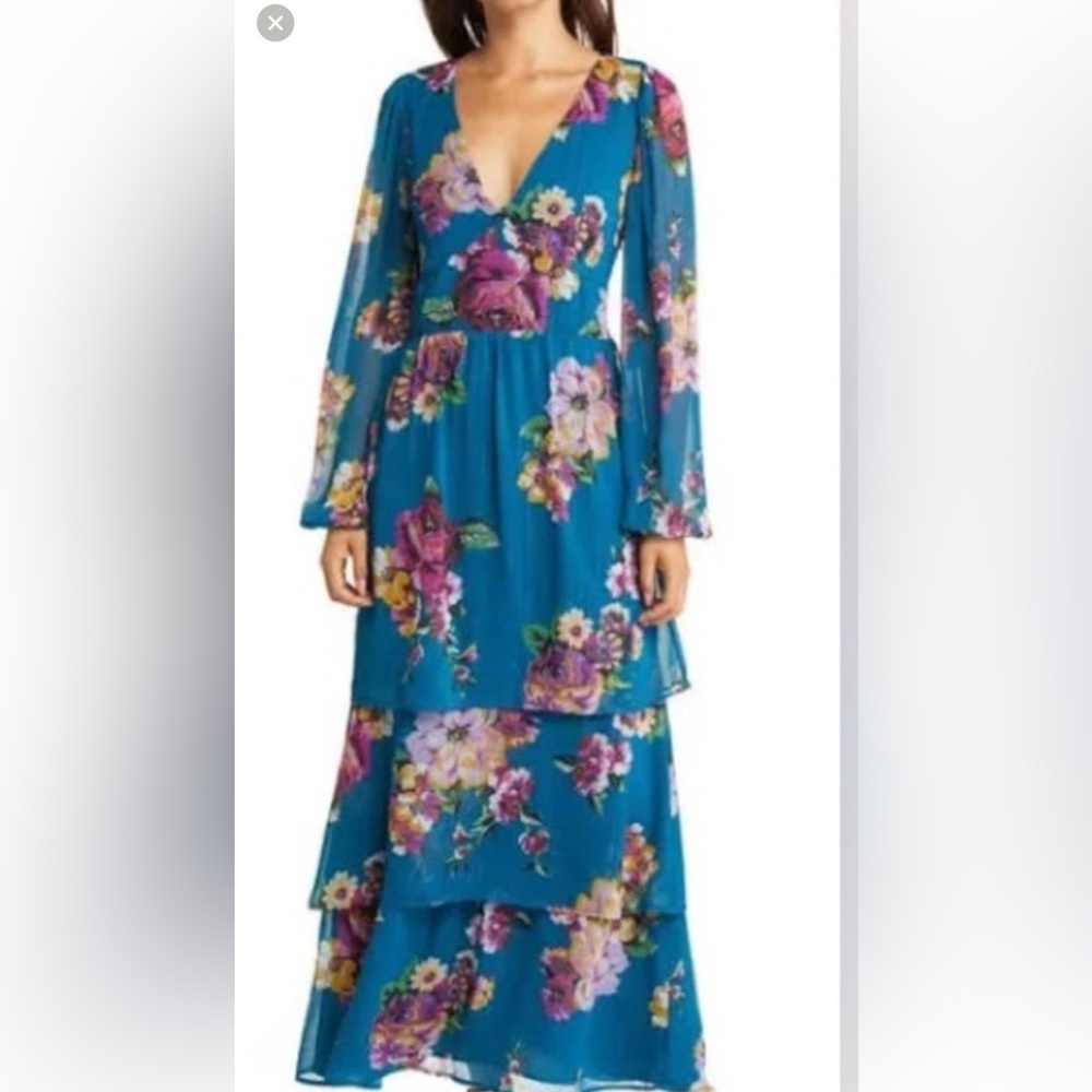 Fourteenth place floral long sleeve  tiered maxi dress blue chiffon size medium